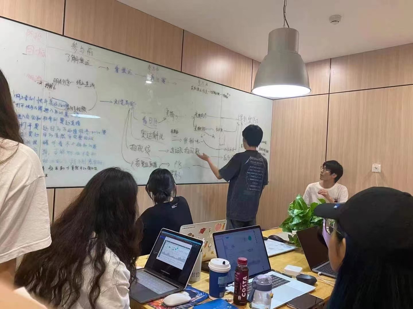 学员在白板前讲述思路,其他学员听讲