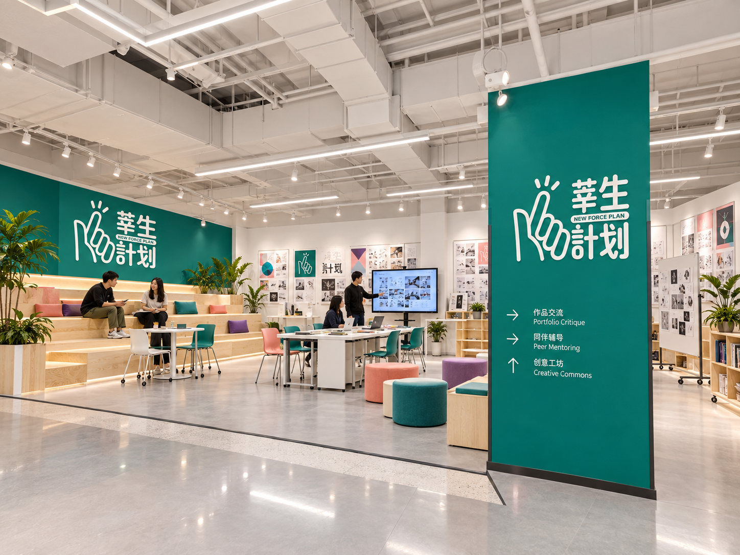 AI 生成效果图:作品交流与协作学习空间,非实景照片