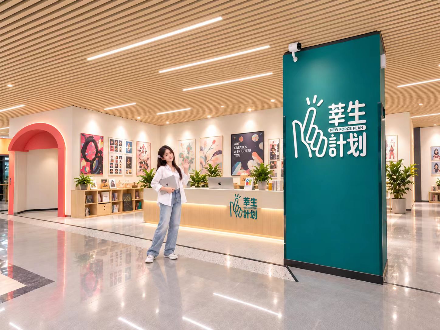 AI 生成效果图:接待与展示空间,非实景照片