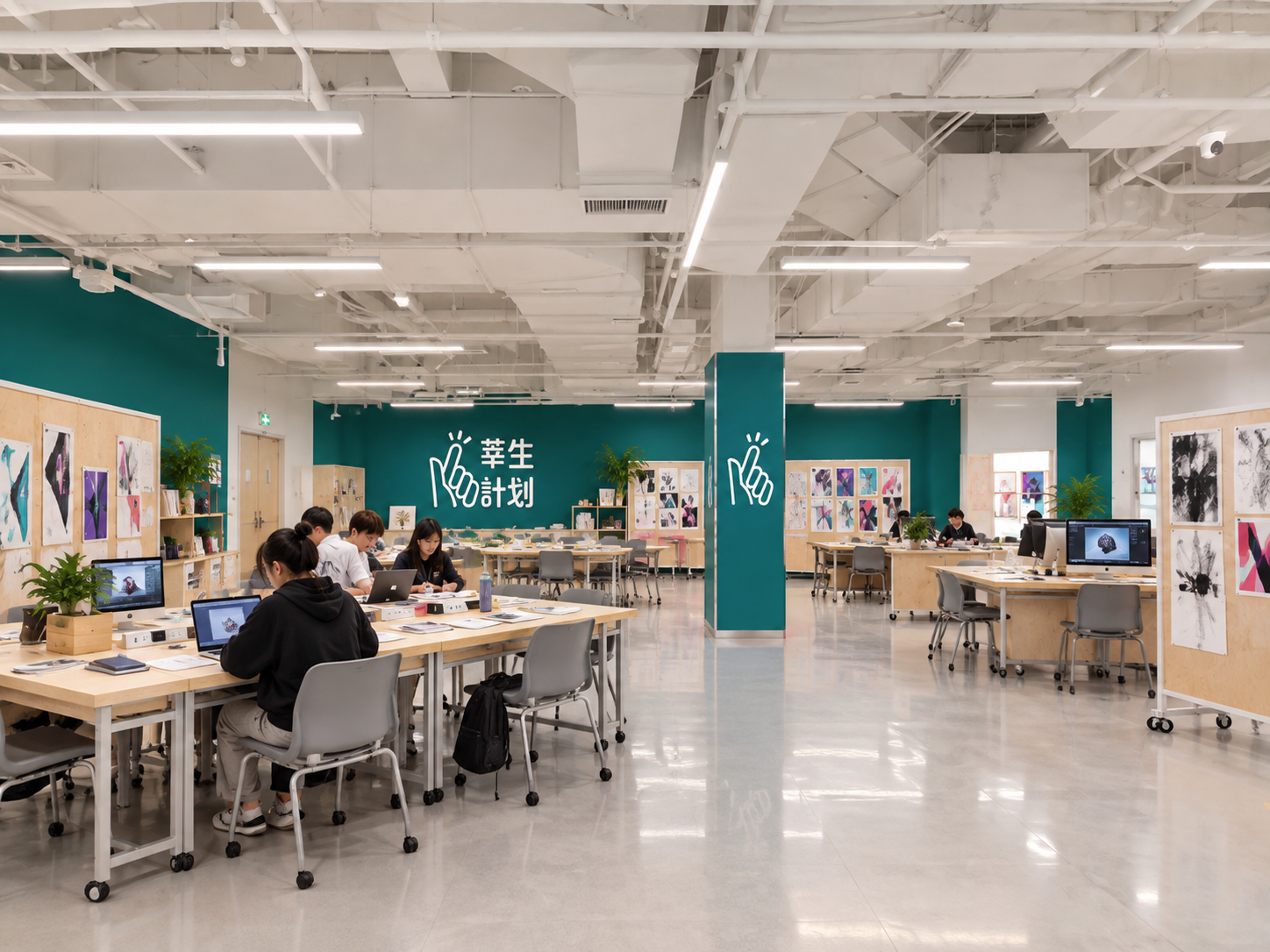 AI 生成效果图:学习工作室与设计展示区,非实景照片